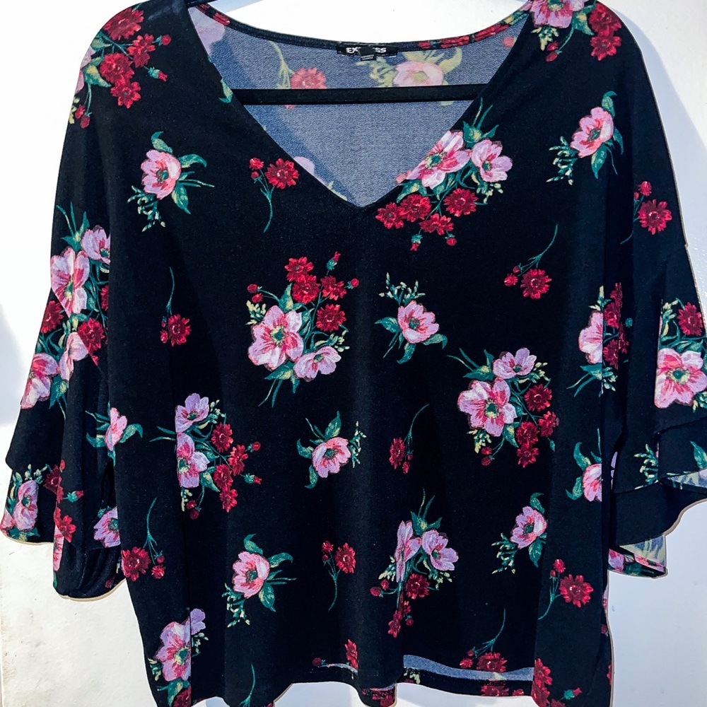 Express Women’s Black Blouse with Red and Pink floral print (SMALL)